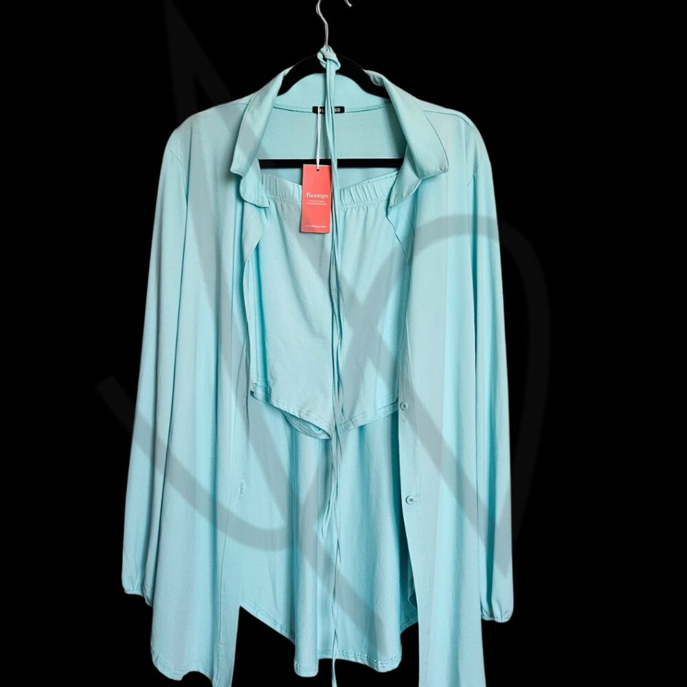 Flamingo Baby Blue 2 Piece Lounge Set- Button Down top w/shorts and tie XL